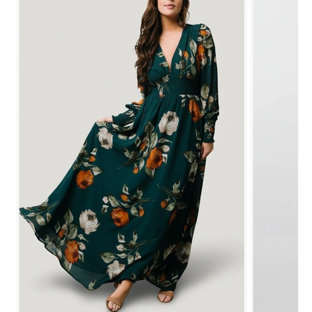 Baltic Born Olivia Teal Green Floral Smocked V-Neck Maxi Dress Long Sleeve 2XL